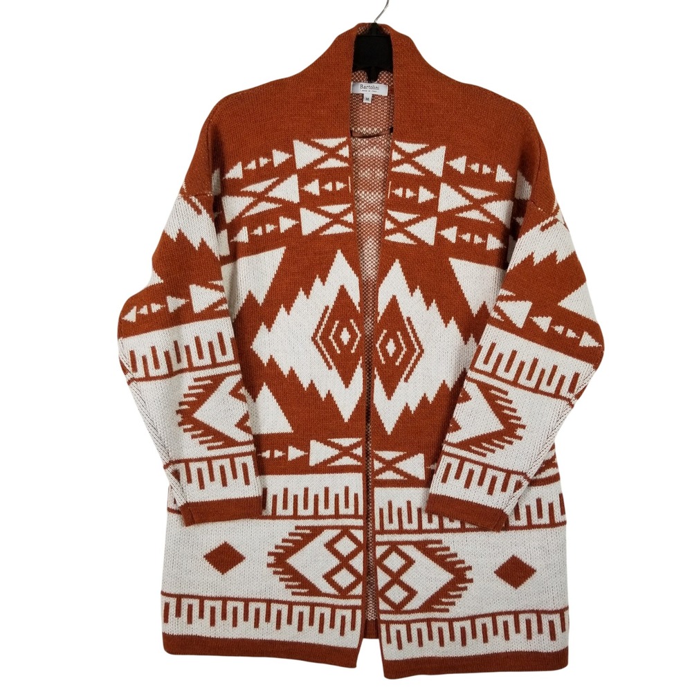 Bartolini Italy Women Rust Orange Southwestern Geometric Knit Cardigan Sweater M